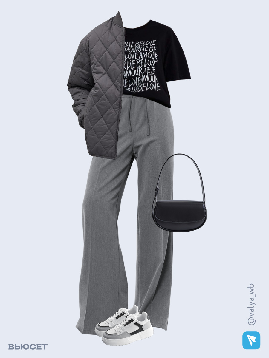 Образ с Вайлдберриз с артикулами (куртка, футболка, брюки, сумка, кроссовки)