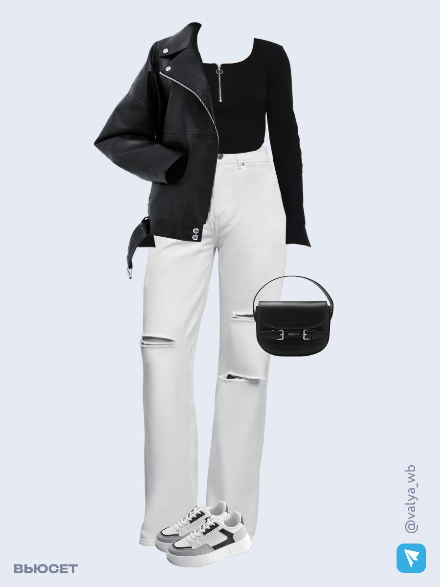 Образ с Вайлдберриз с артикулами (куртка, лонгслив, джинсы, сумка, кроссовки)