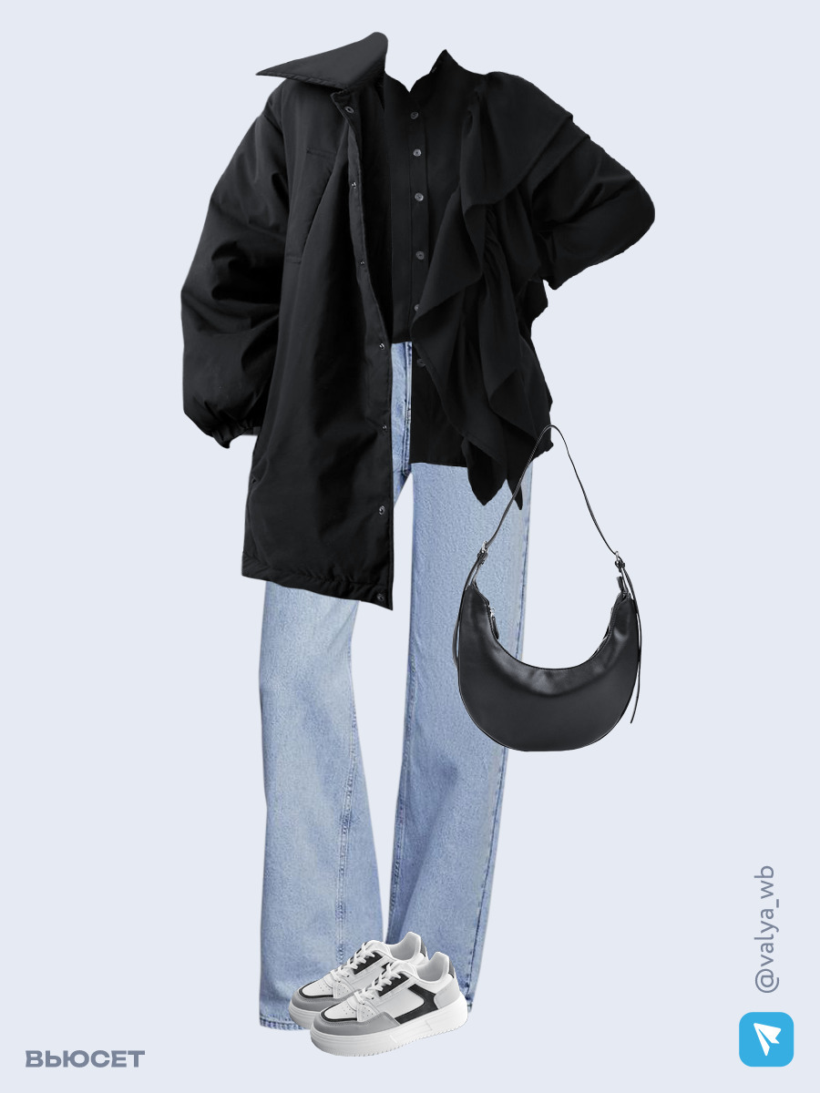 Образ с Вайлдберриз с артикулами (куртка, рубашка, джинсы, сумка, кроссовки)