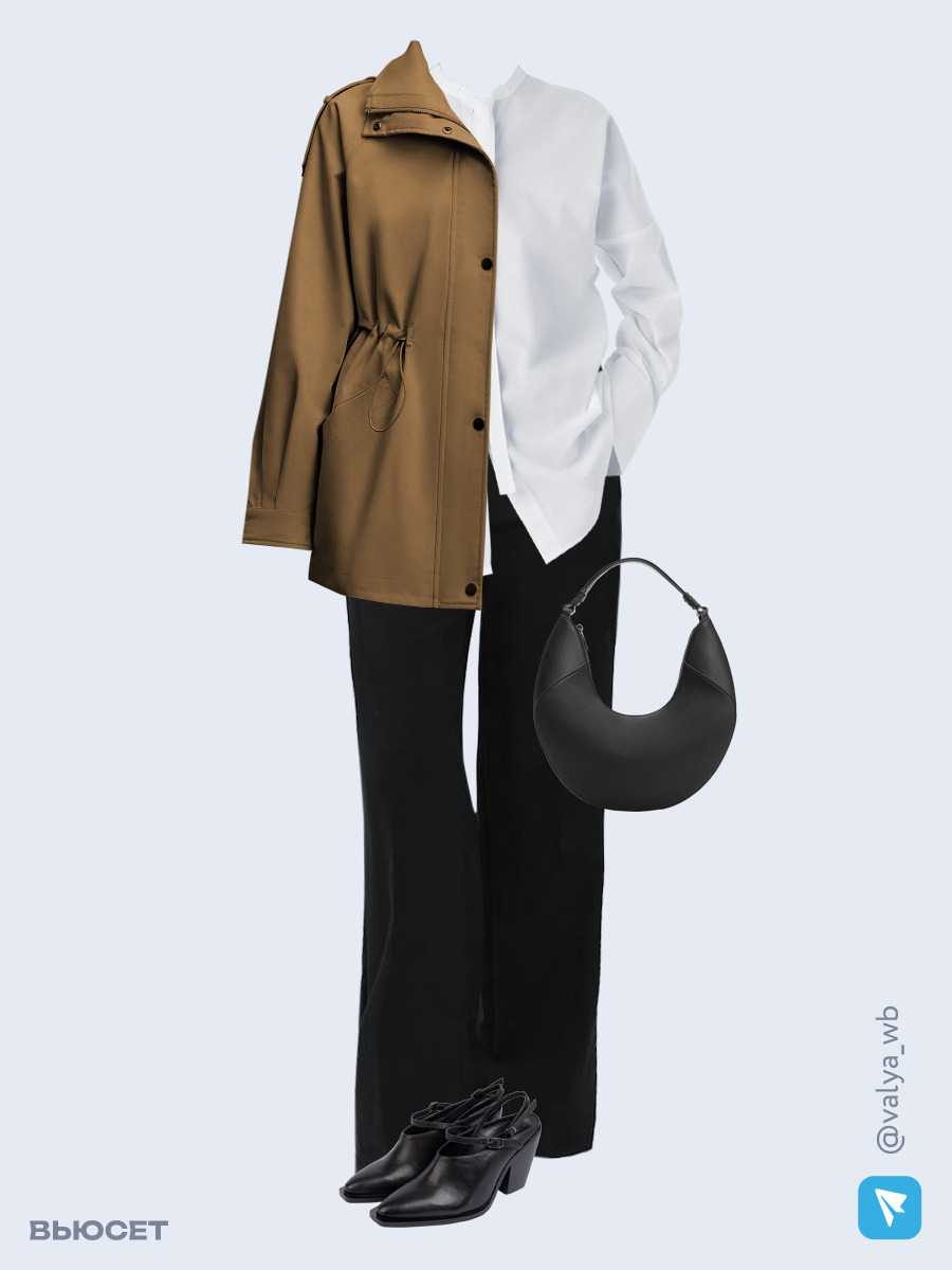 Образ с Вайлдберриз с артикулами (куртка, рубашка, брюки, сумка, мюли)