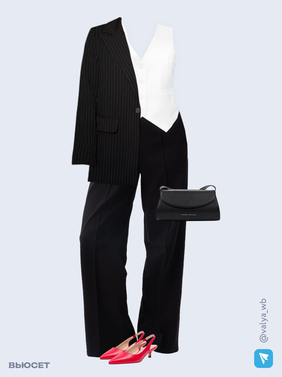 Образ с Вайлдберриз с артикулами (пиджак, жилет, брюки, сумка, туфли)