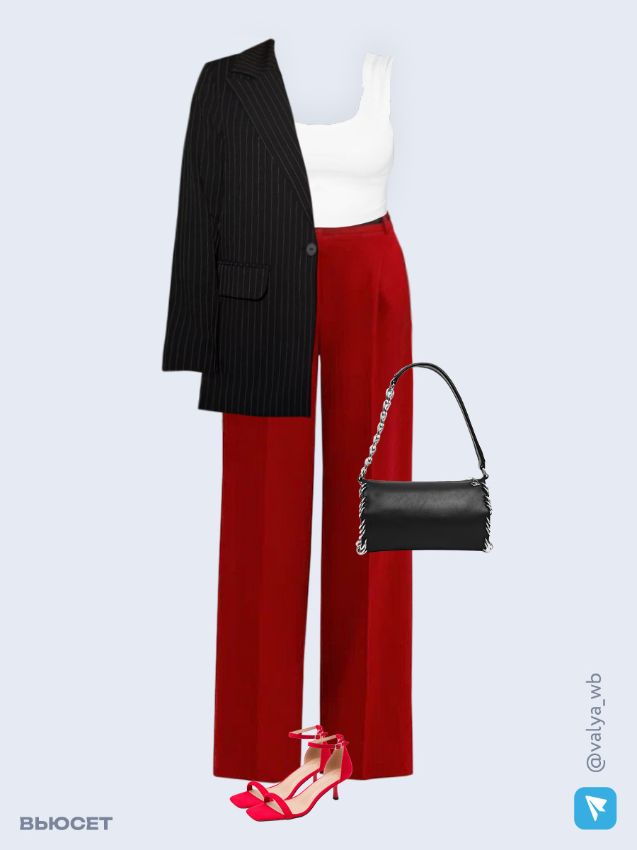 Образ с Вайлдберриз с артикулами (пиджак, топ, брюки, сумка, босоножки)