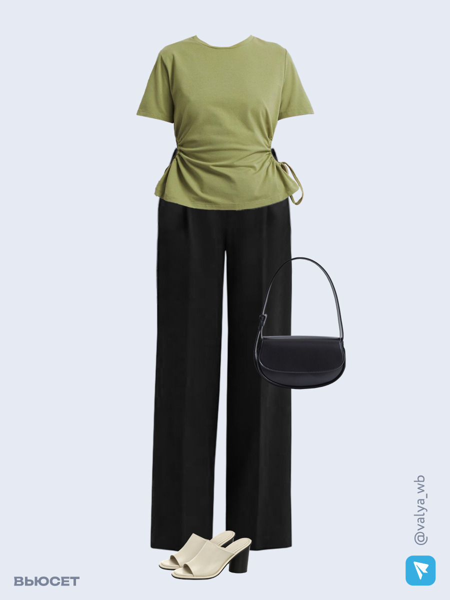 Образ с Вайлдберриз с артикулами (футболка, брюки, сумка, мюли)