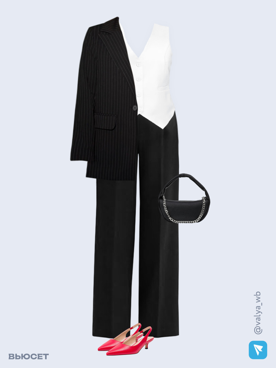 Образ с Вайлдберриз с артикулами (пиджак, жилет, брюки, сумка, туфли)