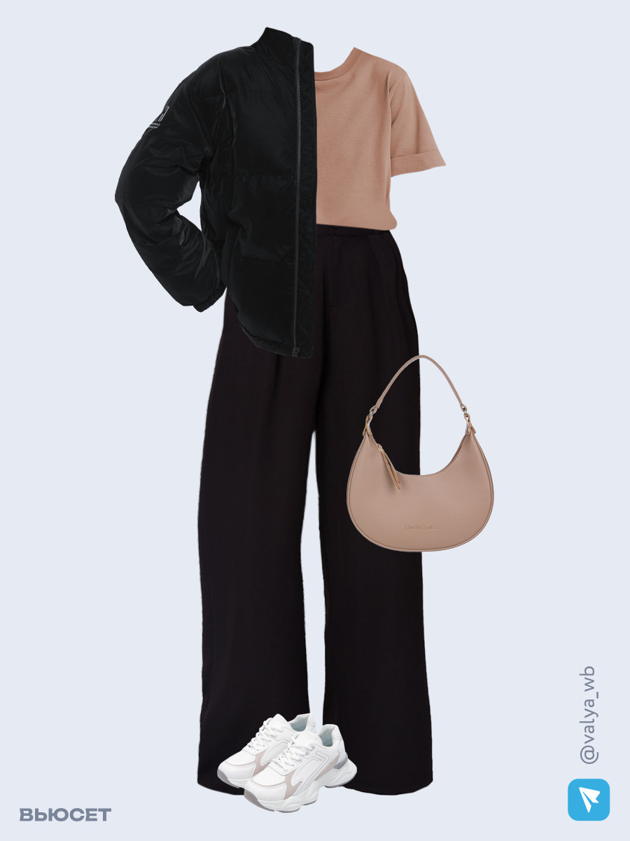 Образ с Вайлдберриз с артикулами (куртка, футболка, брюки, сумка, кроссовки)