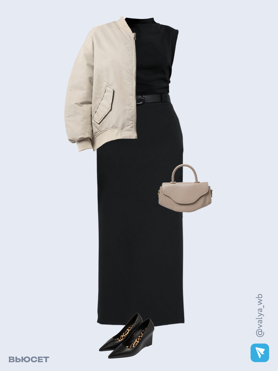 Образ с Вайлдберриз с артикулами (куртка, топ, юбка, сумка, туфли)