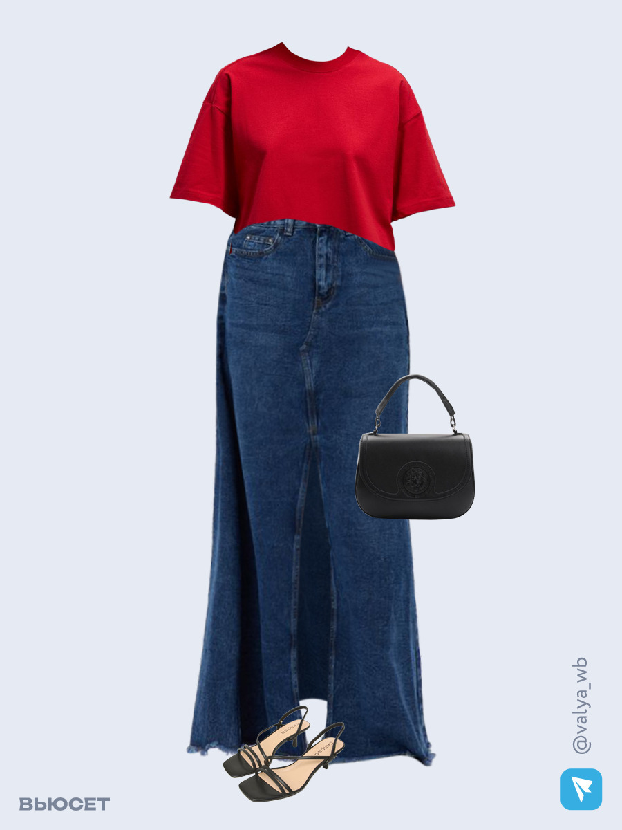 Образ с Вайлдберриз с артикулами (футболка, юбка, сумка, босоножки)