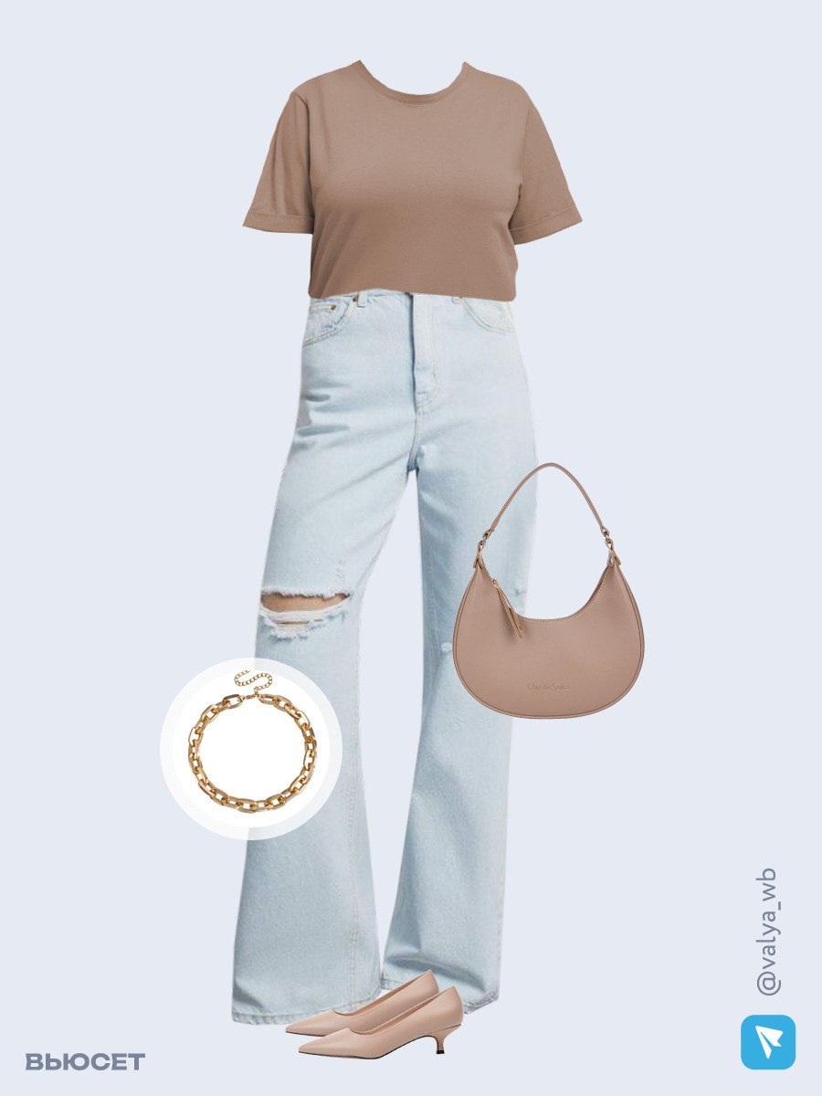 Образ с Вайлдберриз с артикулами (футболка, джинсы, сумка, туфли, колье)