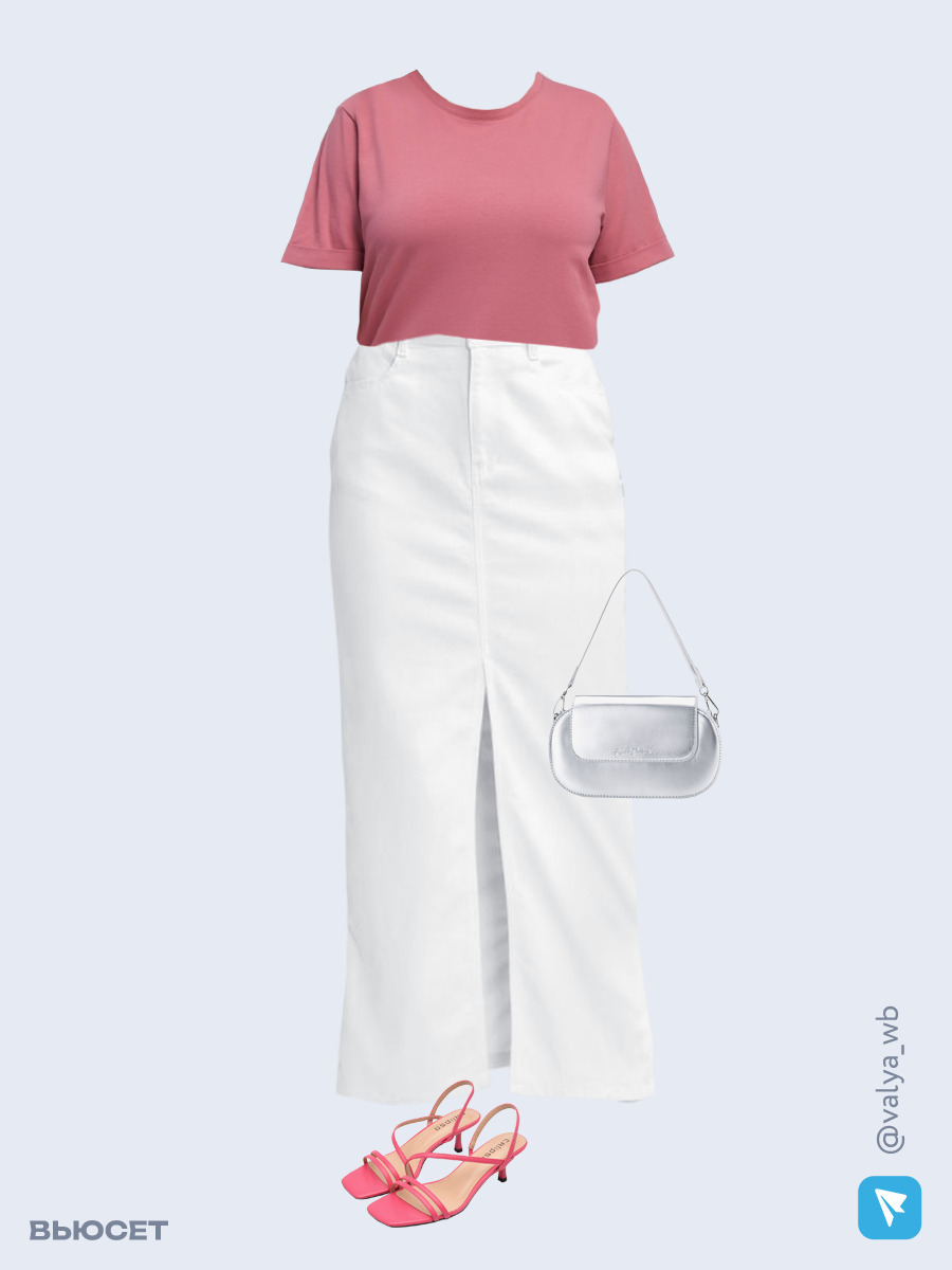 Образ с Вайлдберриз с артикулами (футболка, юбка, сумка, босоножки)