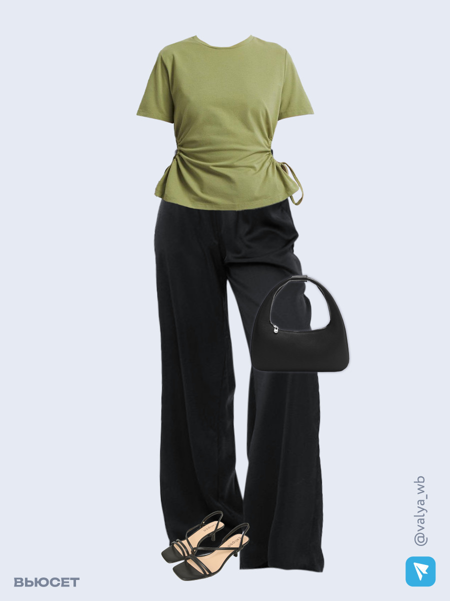 Образ с Вайлдберриз с артикулами (футболка, брюки, сумка, босоножки)