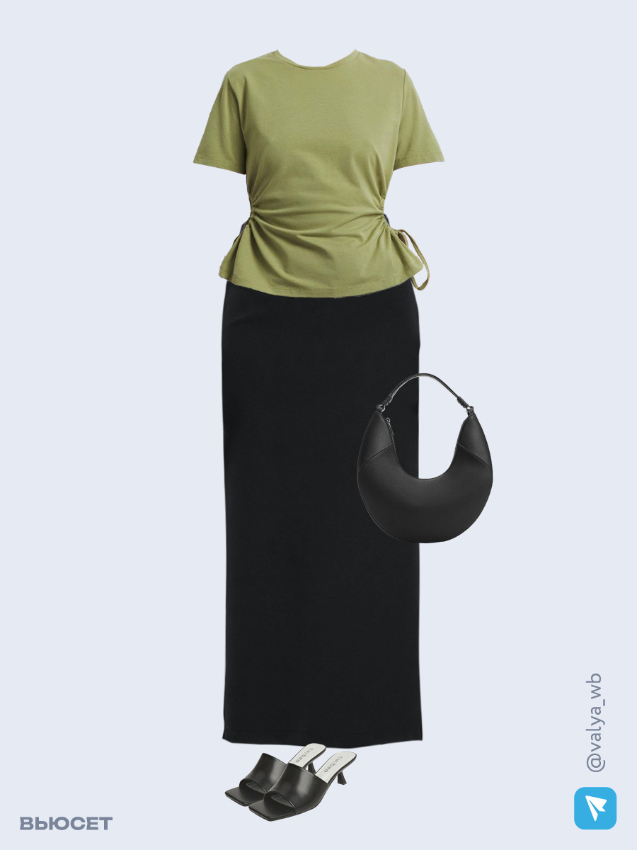 Образ с Вайлдберриз с артикулами (футболка, юбка, сумка, мюли)