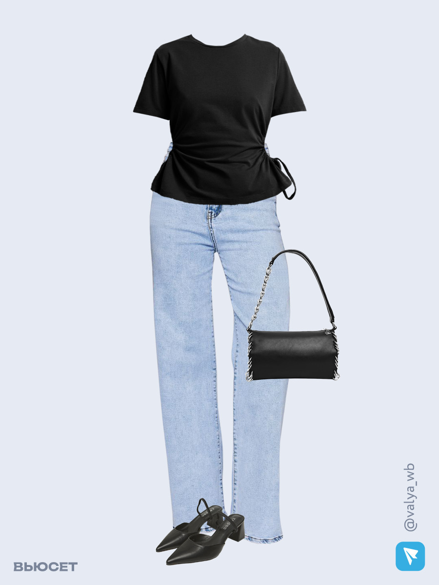Образ с Вайлдберриз с артикулами (футболка, джинсы, сумка, мюли)