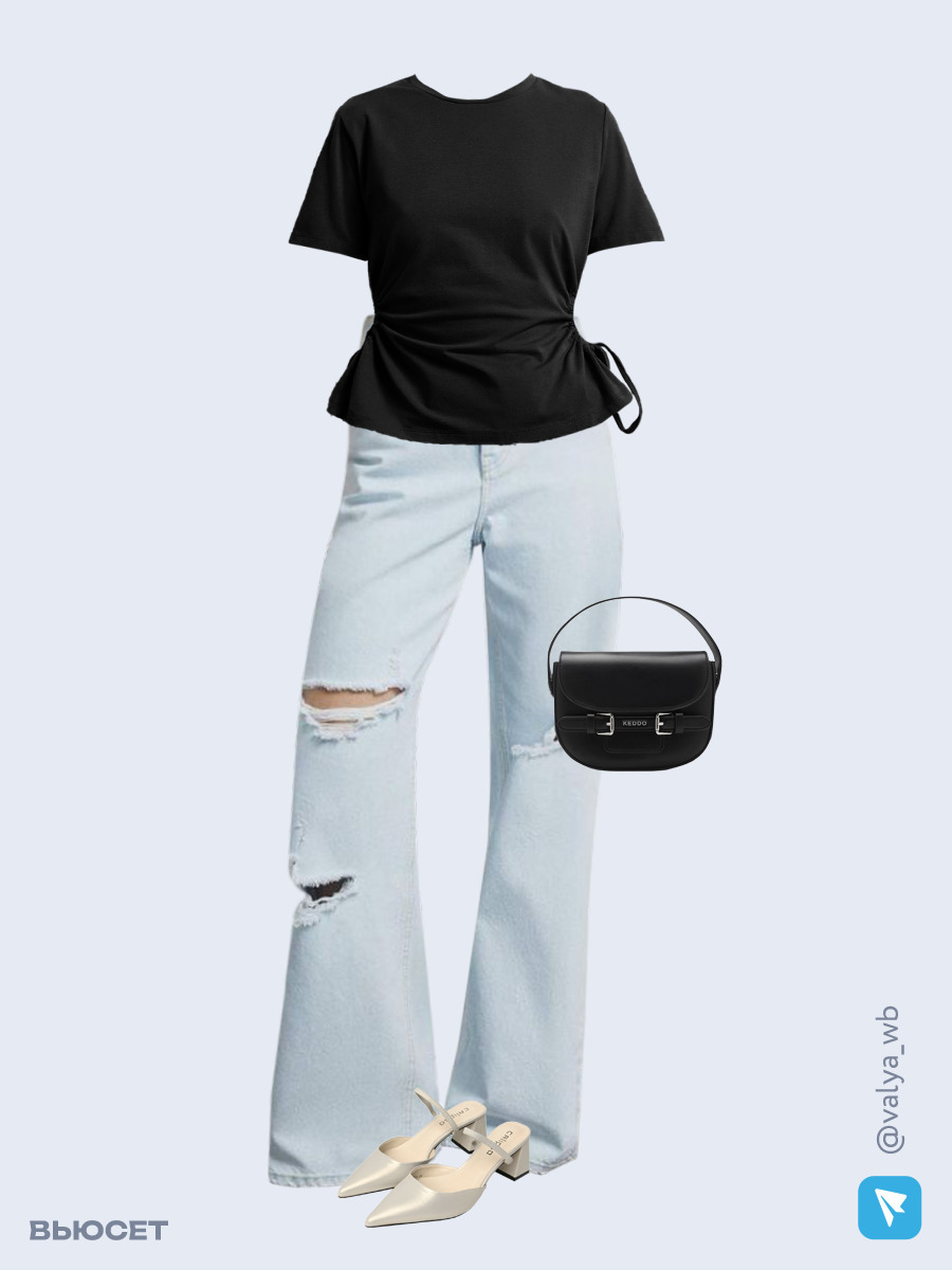 Образ с Вайлдберриз с артикулами (футболка, джинсы, сумка, мюли)