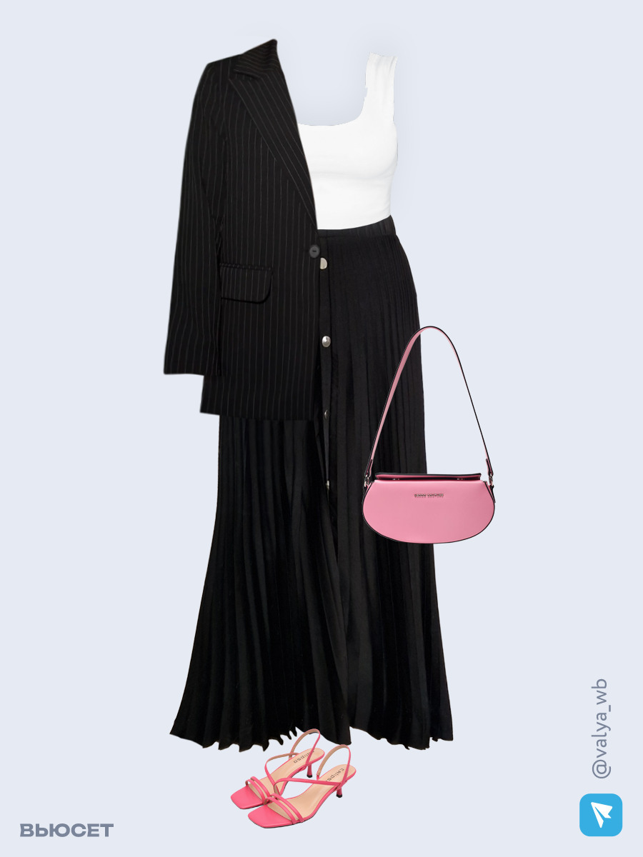 Образ с Вайлдберриз с артикулами (пиджак, топ, юбка, сумка, босоножки)