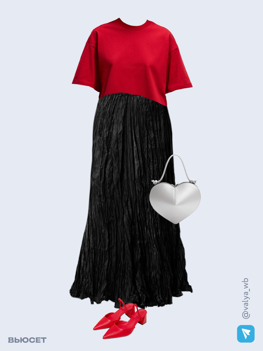 Образ с Вайлдберриз с артикулами (футболка, юбка, сумка, мюли)