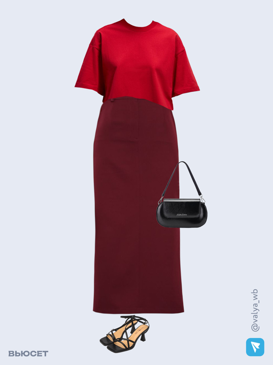 Образ с Вайлдберриз с артикулами (футболка, юбка, сумка, босоножки)