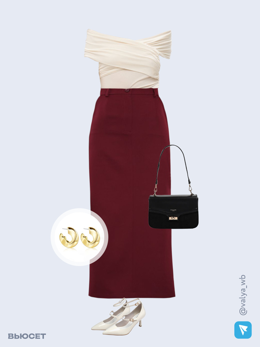 Образ с Вайлдберриз с артикулами (топ, юбка, сумка, туфли, серьги)