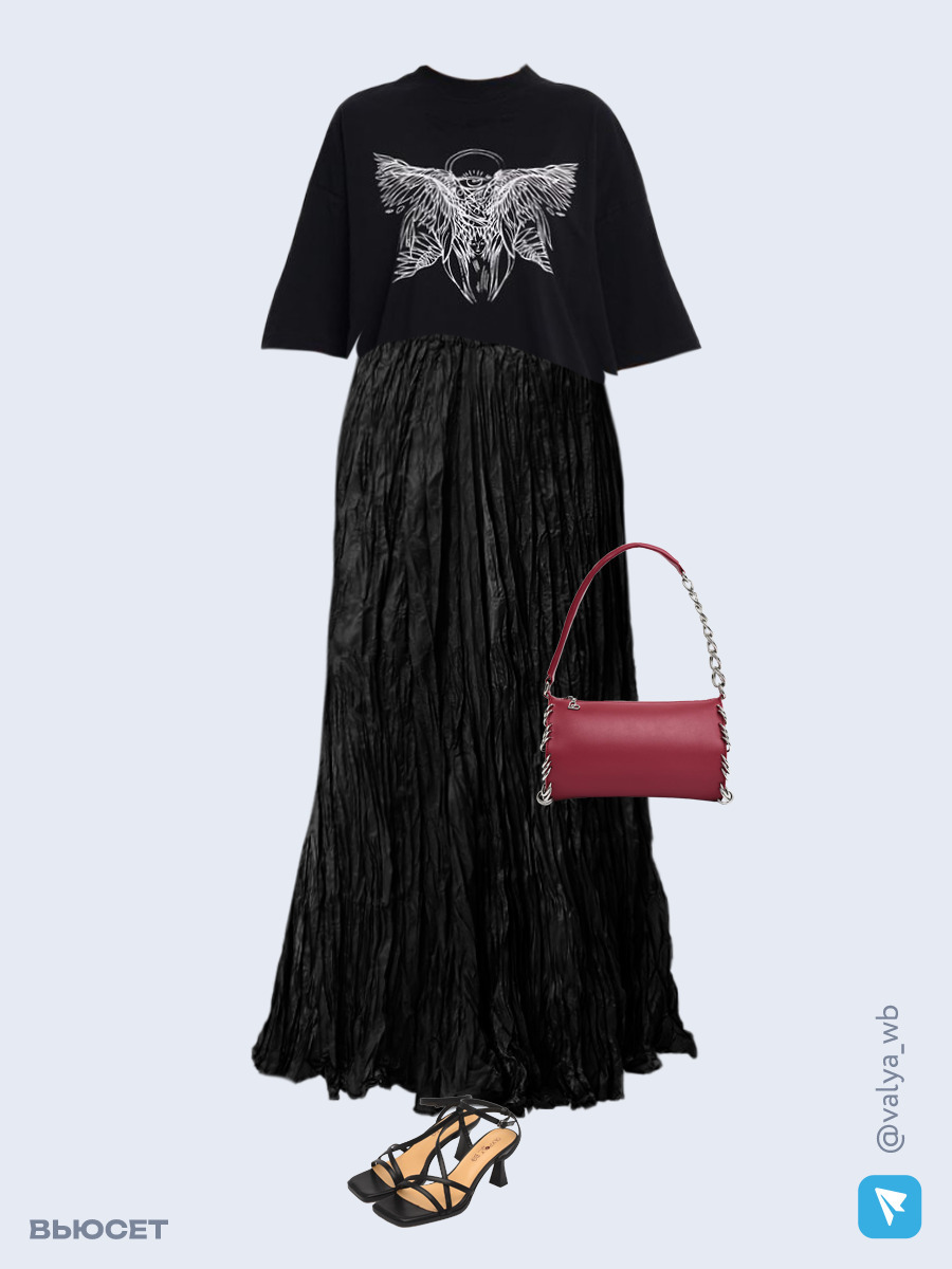 Образ с Вайлдберриз с артикулами (футболка, юбка, сумка, босоножки)