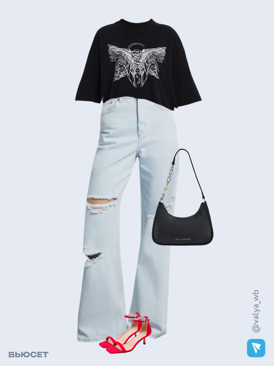 Образ с Вайлдберриз с артикулами (футболка, джинсы, сумка, босоножки)