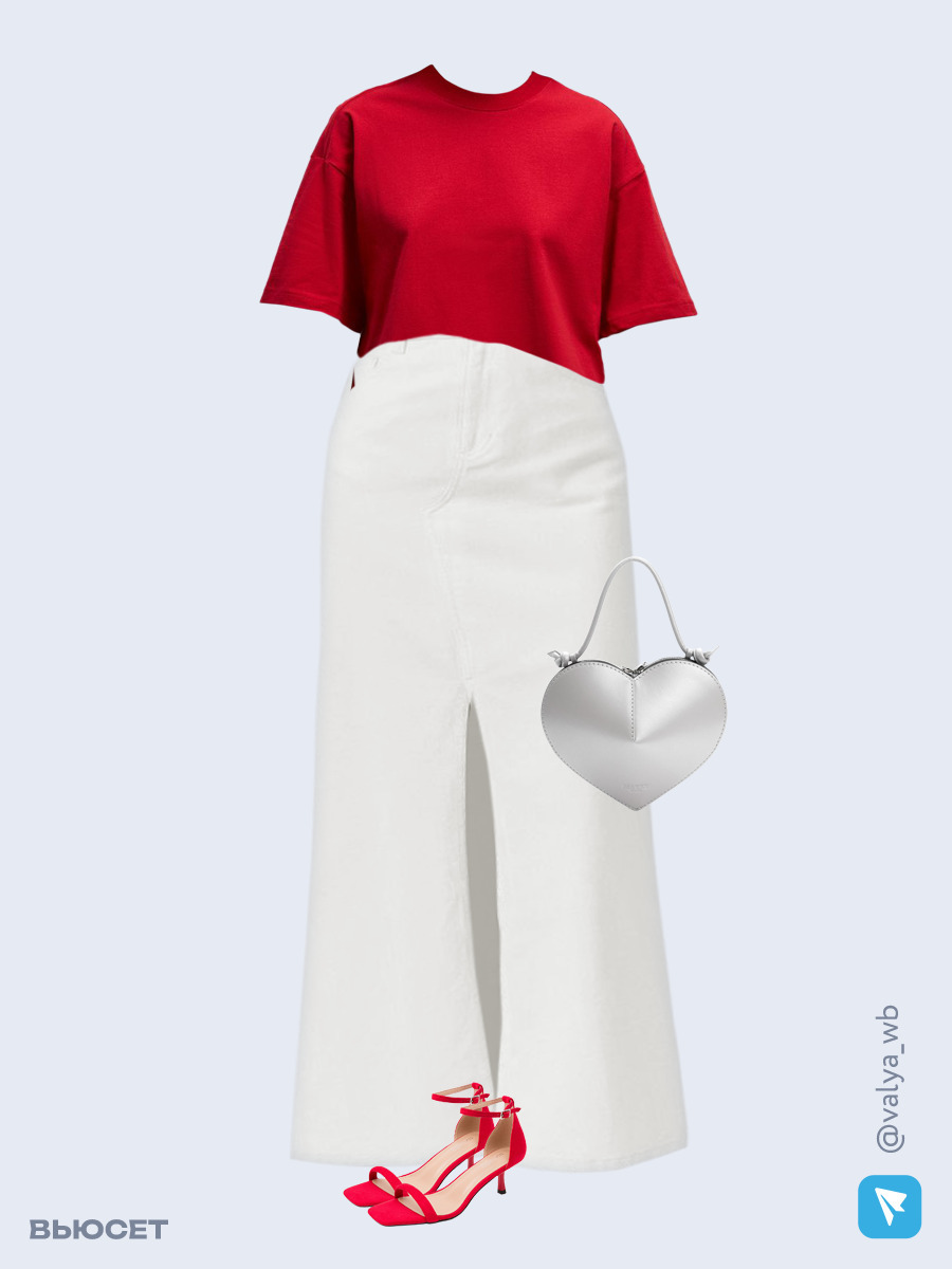 Образ с Вайлдберриз с артикулами (футболка, юбка, сумка, босоножки)