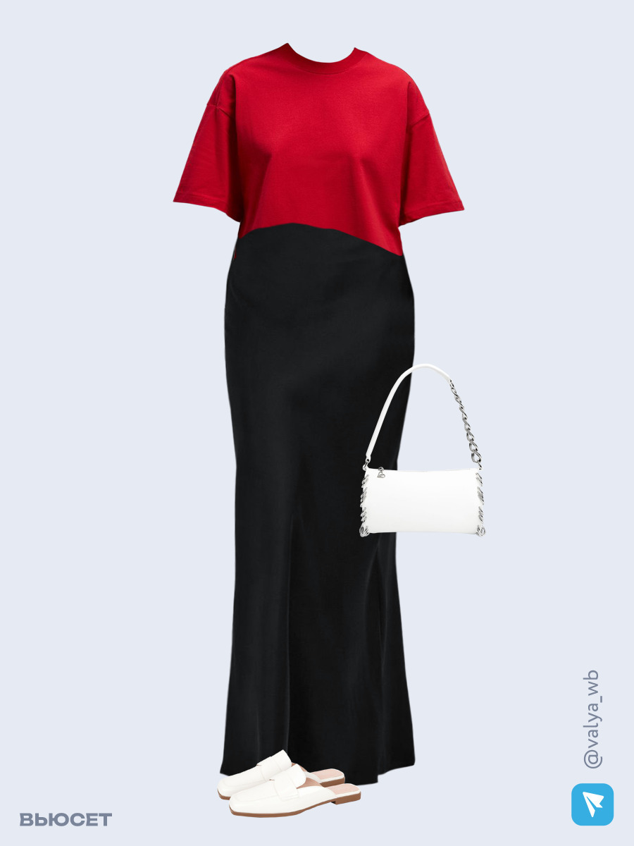 Образ с Вайлдберриз с артикулами (футболка, юбка, сумка, мюли)