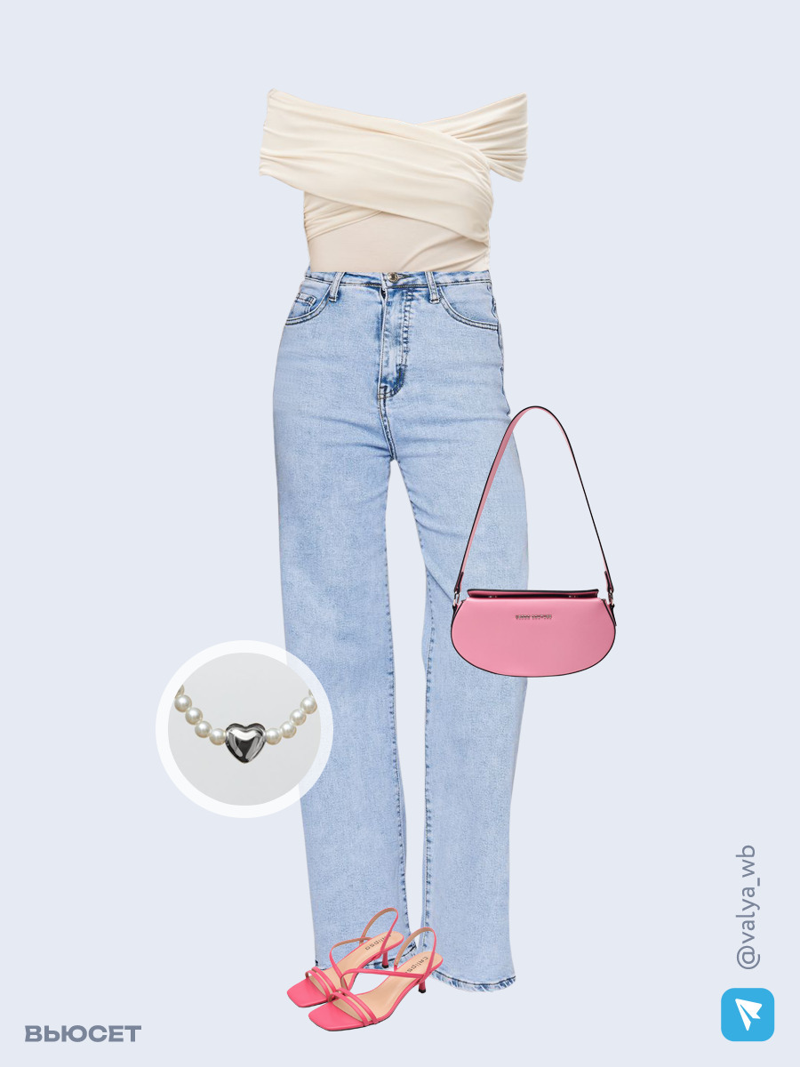 Образ с Вайлдберриз с артикулами (топ, джинсы, сумка, босоножки, колье)
