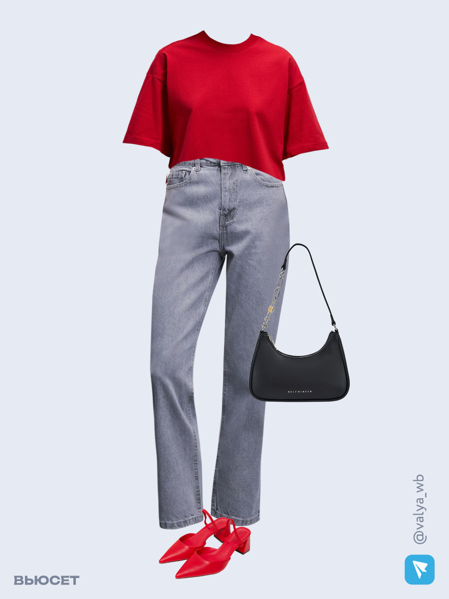 Образ с Вайлдберриз с артикулами (футболка, джинсы, сумка, мюли)