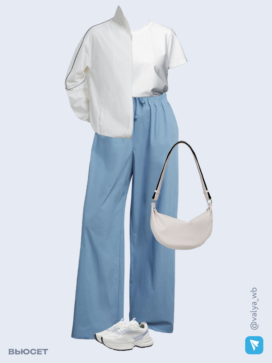 Образ с Вайлдберриз с артикулами (куртка, футболка, брюки, сумка, кроссовки)