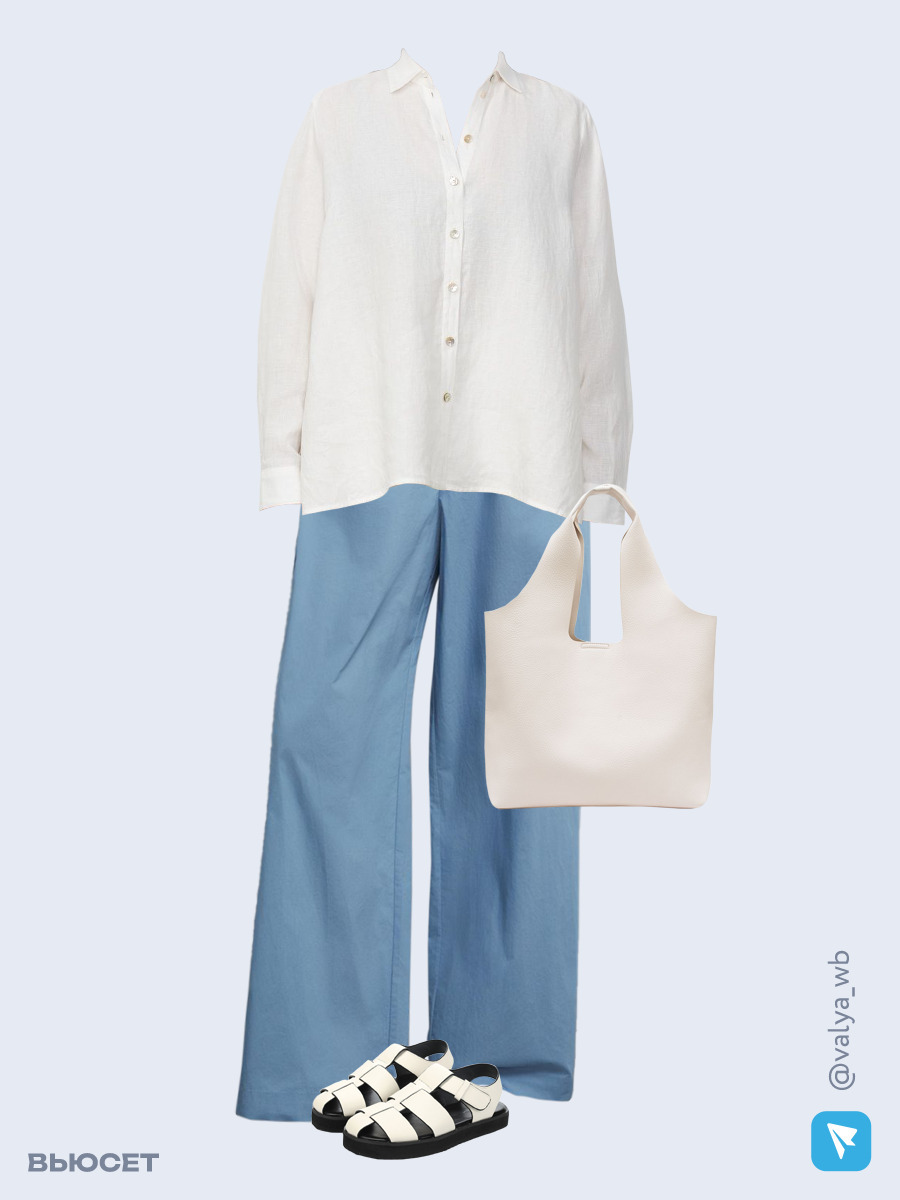 Образ с Вайлдберриз с артикулами (рубашка, брюки, сумка, сандалии)