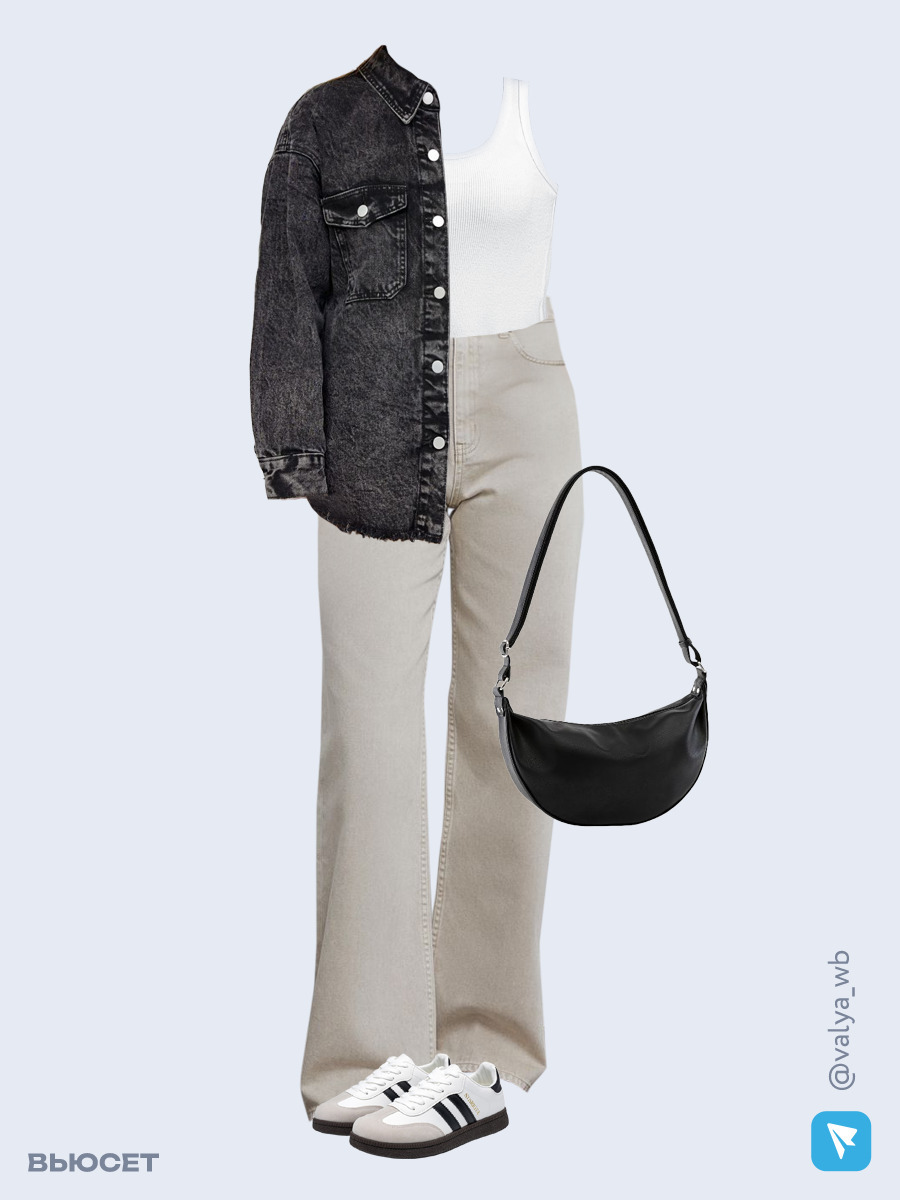 Образ с Вайлдберриз с артикулами (рубашка, майка, джинсы, сумка, кеды)