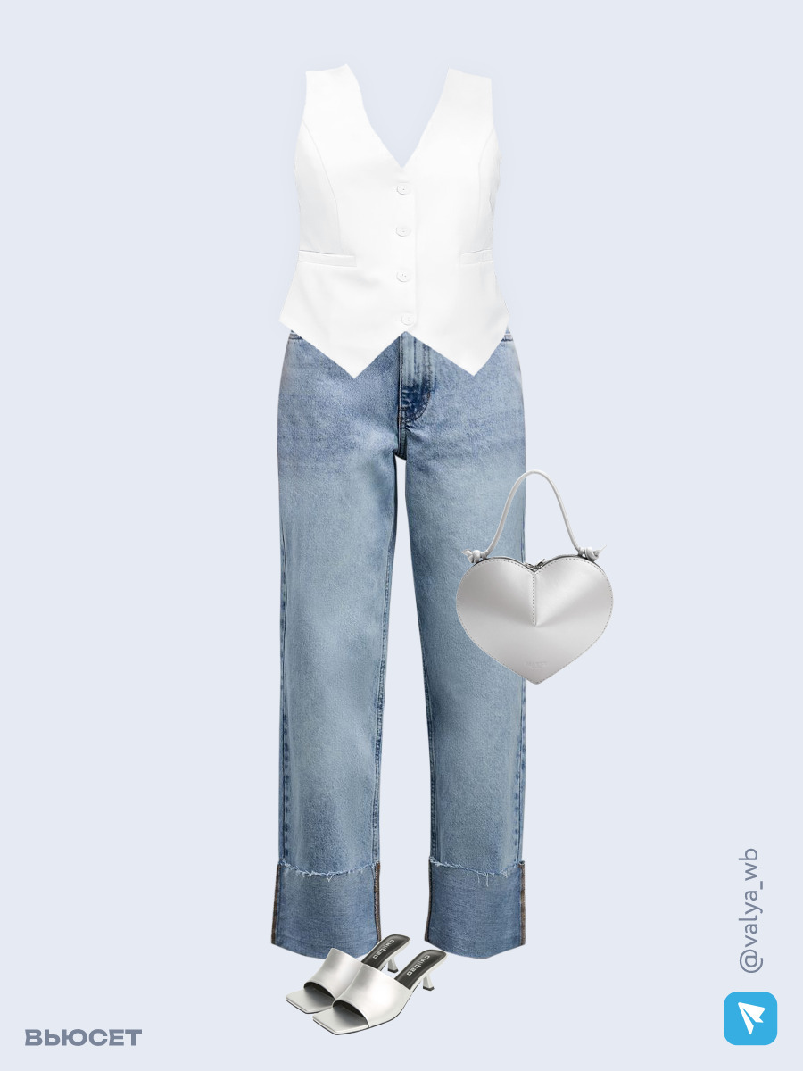 Образ с Вайлдберриз с артикулами (жилет, джинсы, сумка, мюли)