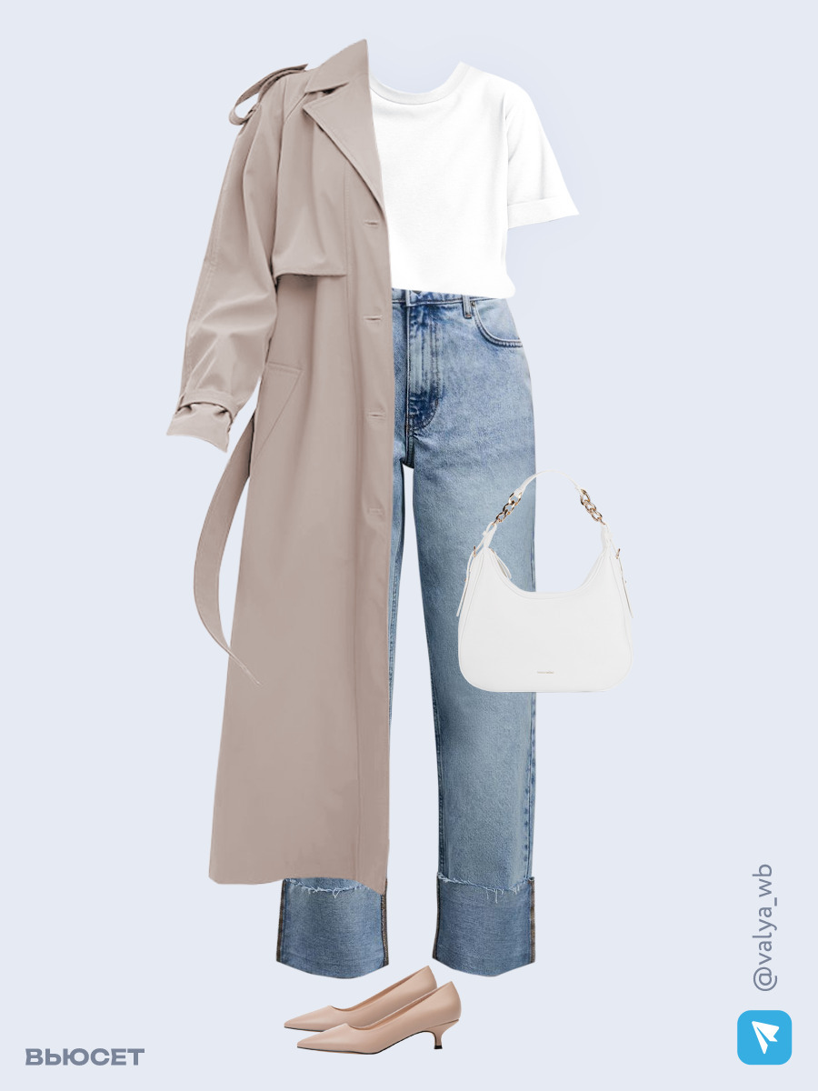 Образ с Вайлдберриз с артикулами (плащ, футболка, джинсы, сумка, туфли)