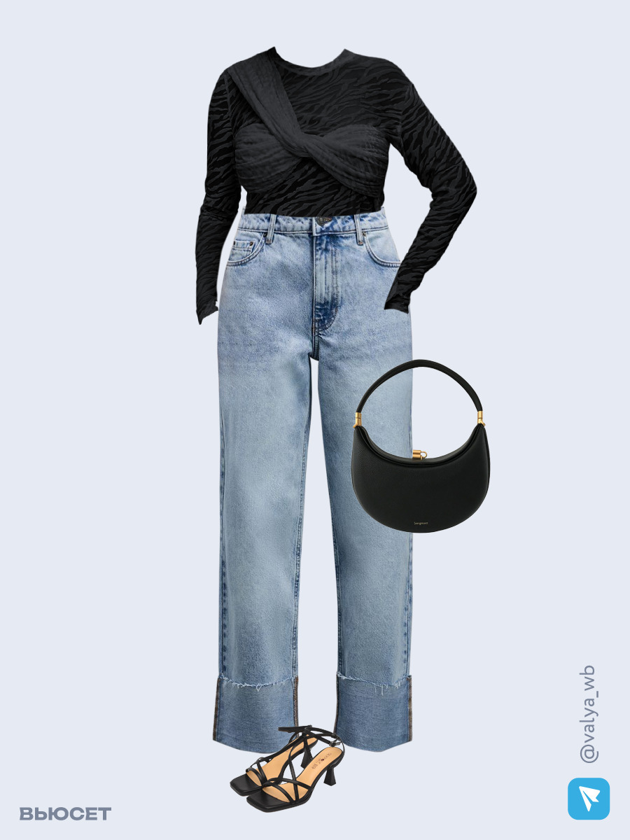 Образ с Вайлдберриз с артикулами (лонгслив, джинсы, сумка, босоножки)