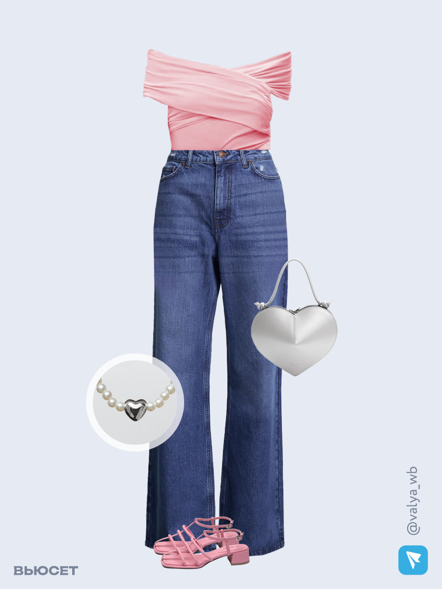 Образ с Вайлдберриз с артикулами (топ, джинсы, сумка, босоножки, колье)