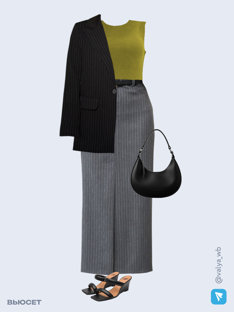 Образ с Вайлдберриз с артикулами (пиджак, топ, юбка, сумка, сабо)