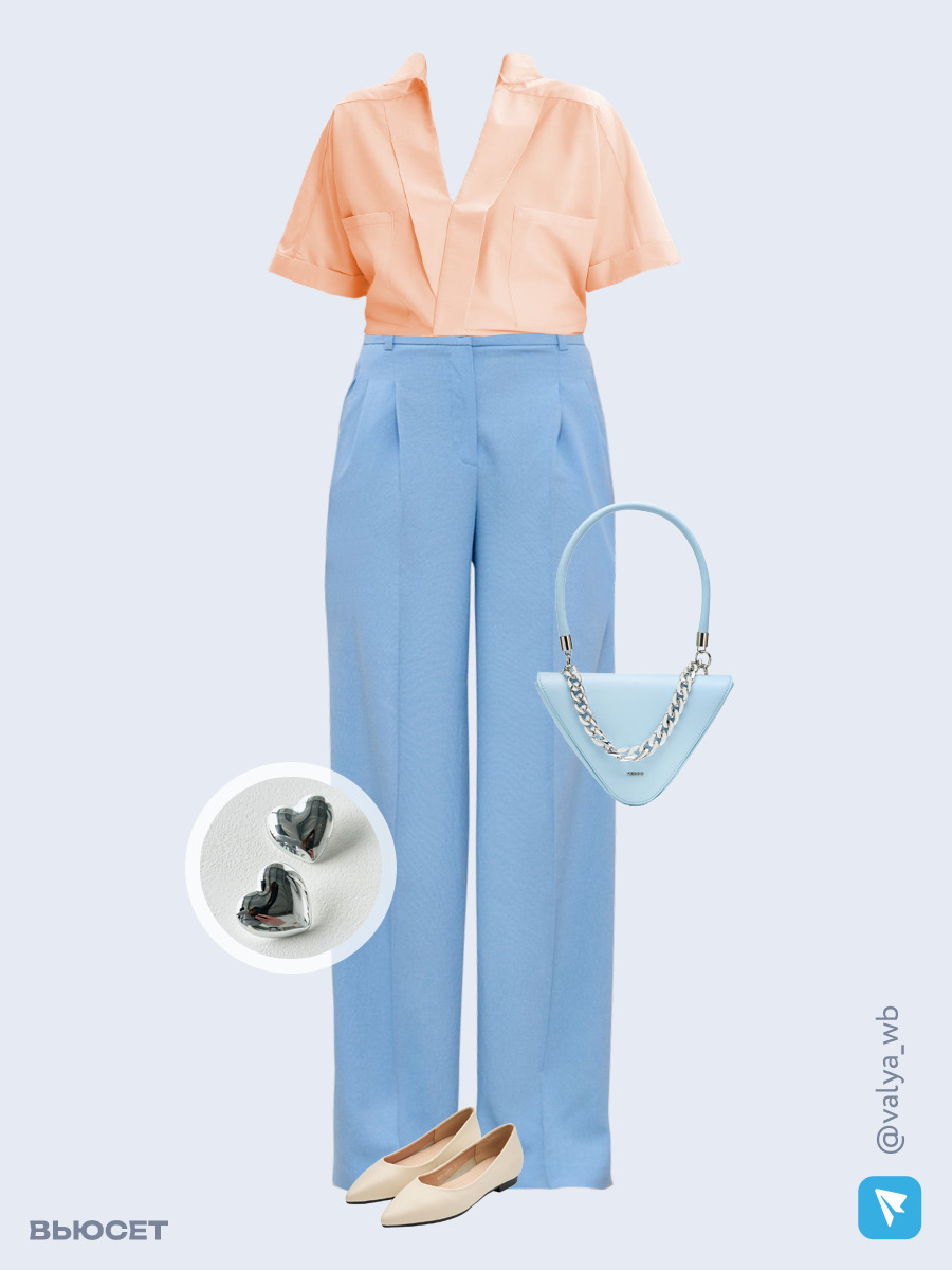 Образ с Вайлдберриз с артикулами (рубашка, брюки, сумка, балетки, серьги)