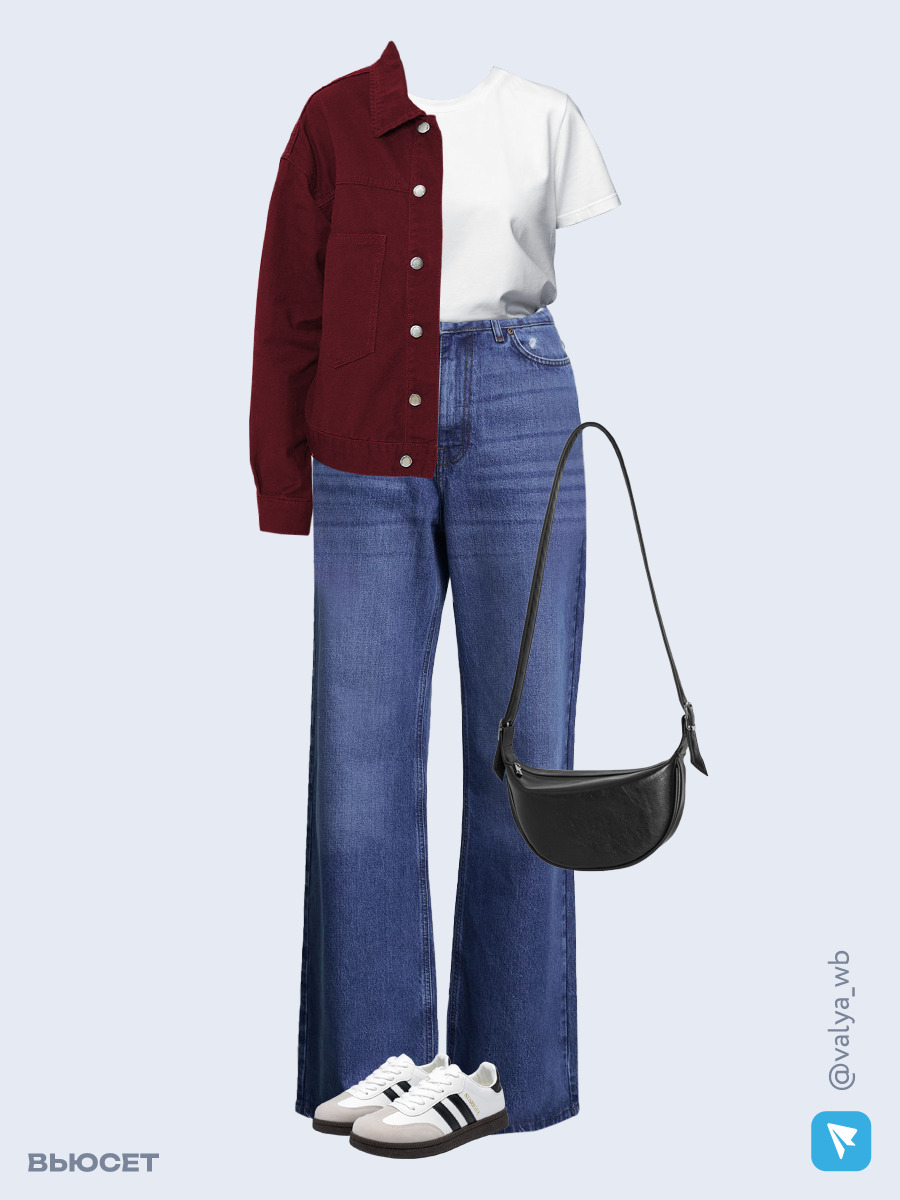 Образ с Вайлдберриз с артикулами (куртка, футболка, джинсы, сумка, кеды)