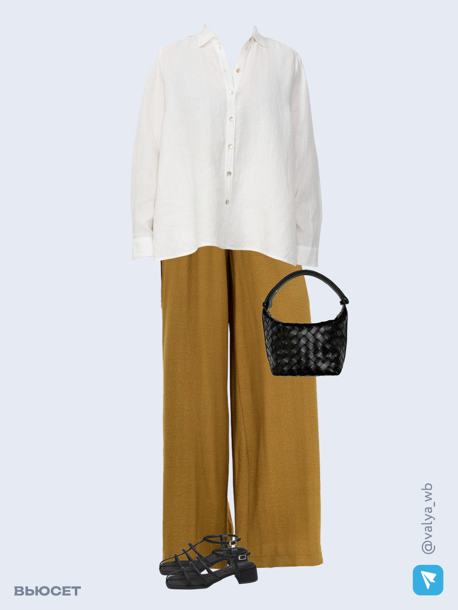 Образ с Вайлдберриз с артикулами (рубашка, брюки, сумка, босоножки)
