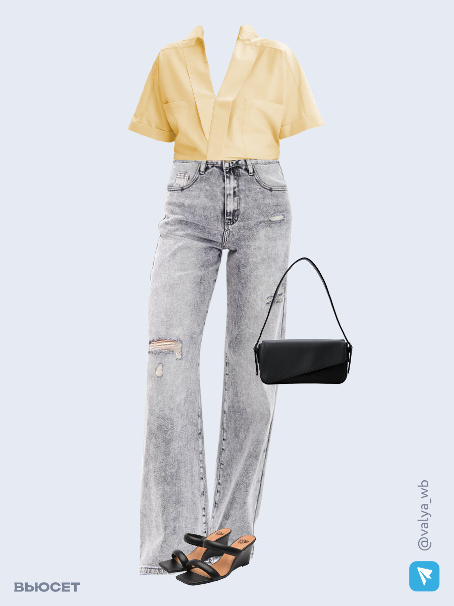 Образ с Вайлдберриз с артикулами (рубашка, джинсы, сумка, сабо)