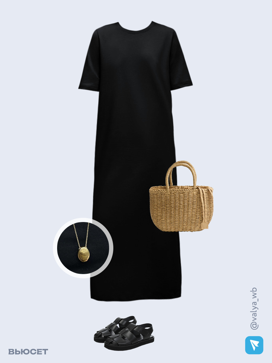 Образ с Вайлдберриз с артикулами (платье, сумка, сандалии, кулон)