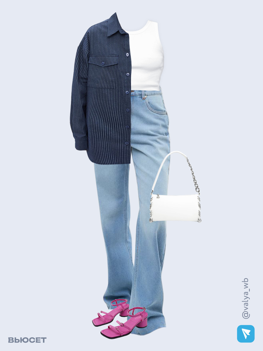 Образ с Вайлдберриз с артикулами (рубашка, топ, джинсы, сумка, босоножки)