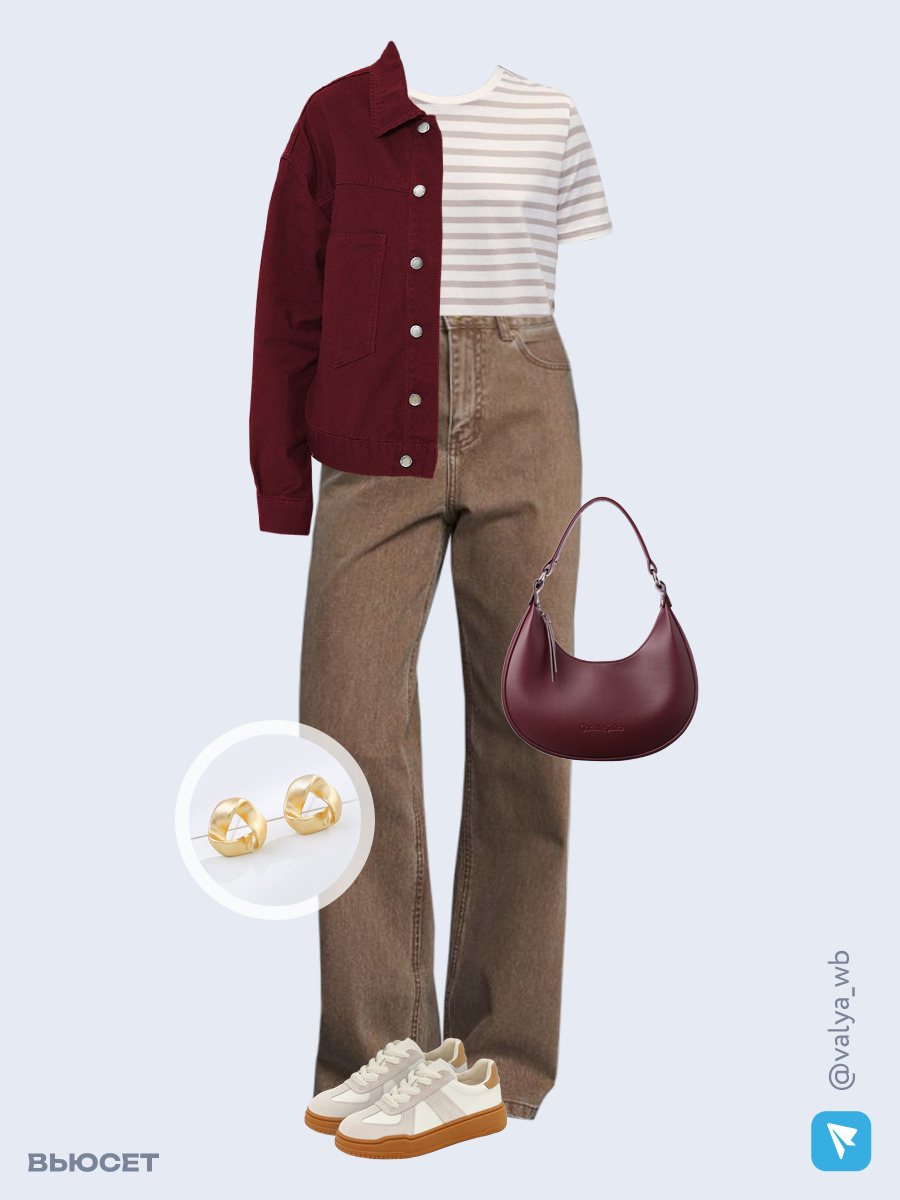 Образ с Вайлдберриз с артикулами (куртка, футболка, джинсы, сумка, кеды, серьги)