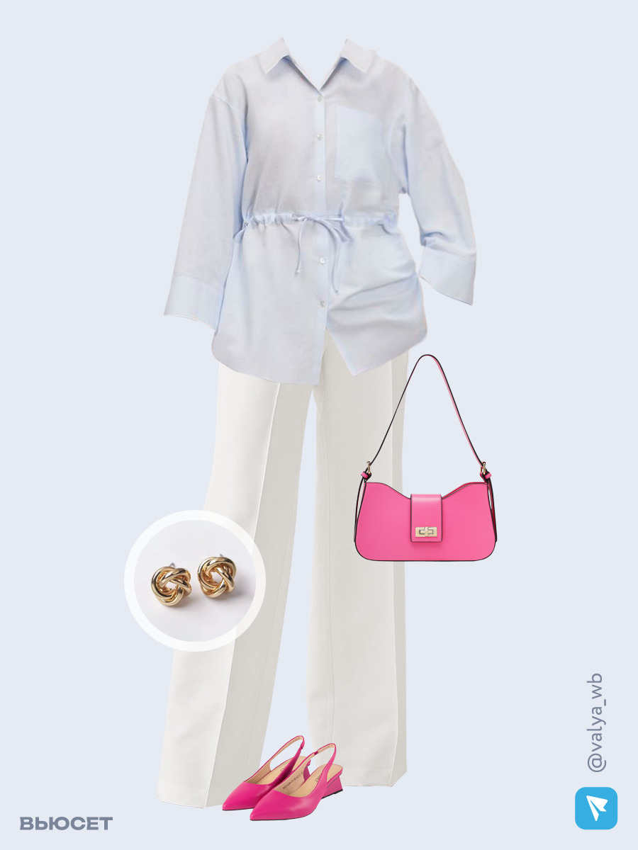 Образ с Вайлдберриз с артикулами (блузка, брюки, сумка, туфли, серьги)