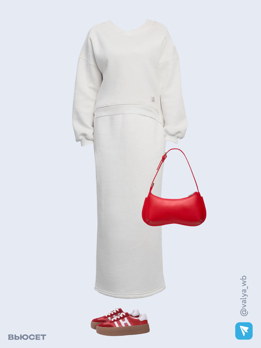 Образ с Вайлдберриз с артикулами (свитшот, юбка, сумка, кеды)