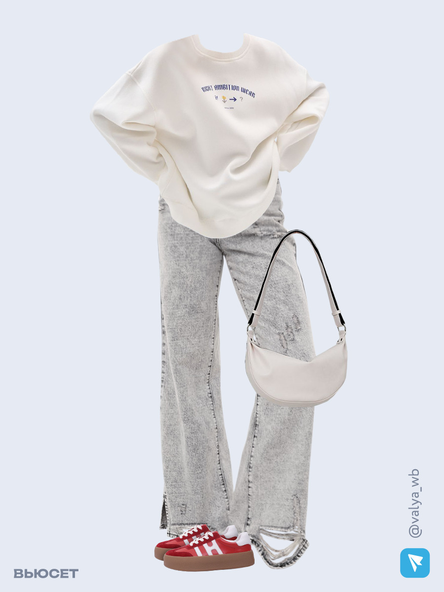 Образ с Вайлдберриз с артикулами (свитшот, джинсы, сумка, кеды)