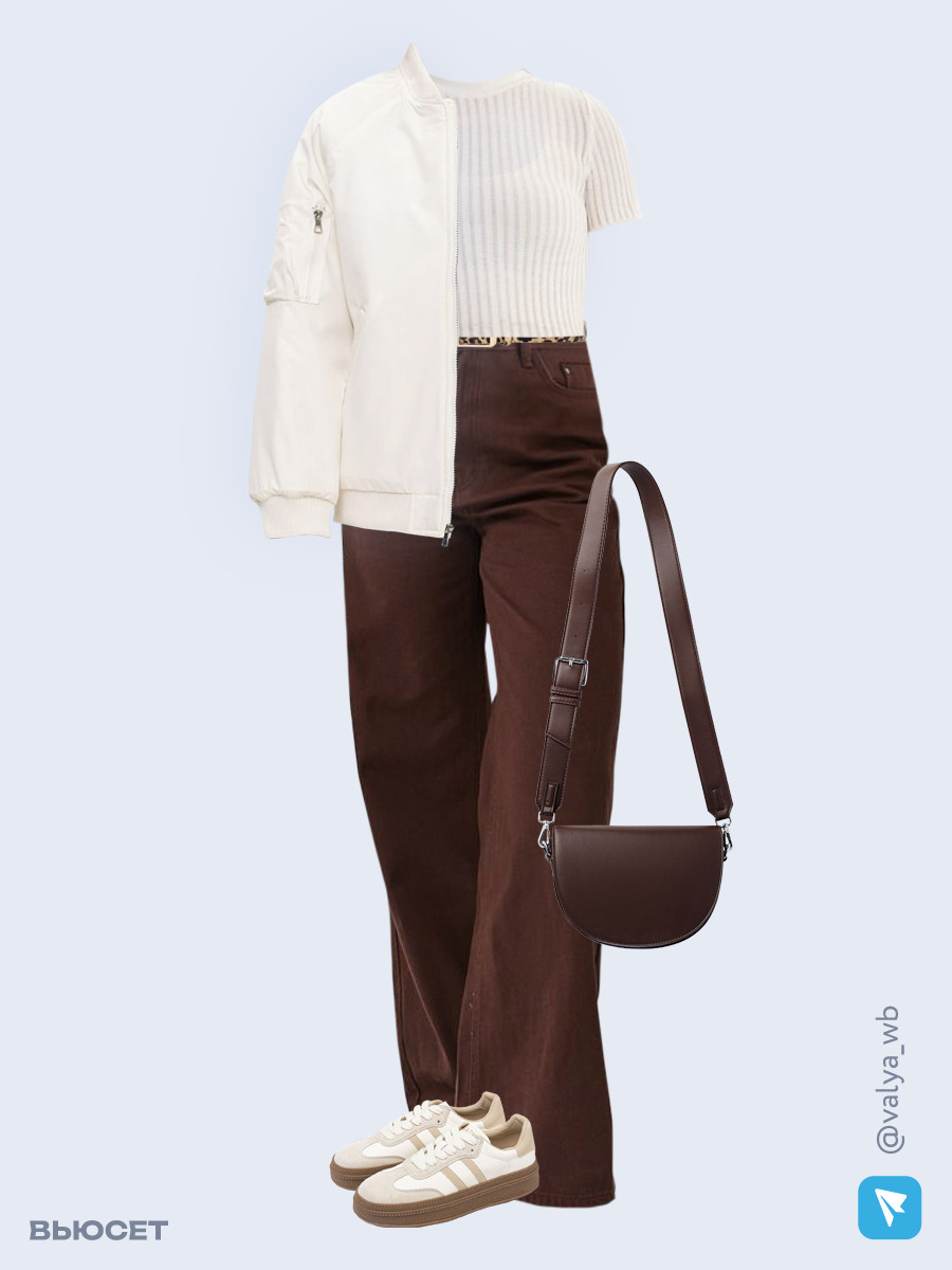 Образ с Вайлдберриз с артикулами (бомбер, джемпер, майка, джинсы, сумка, кеды, ремень)