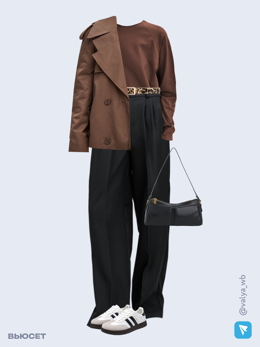 Образ с Вайлдберриз с артикулами (плащ, лонгслив, брюки, сумка, кеды, ремень)