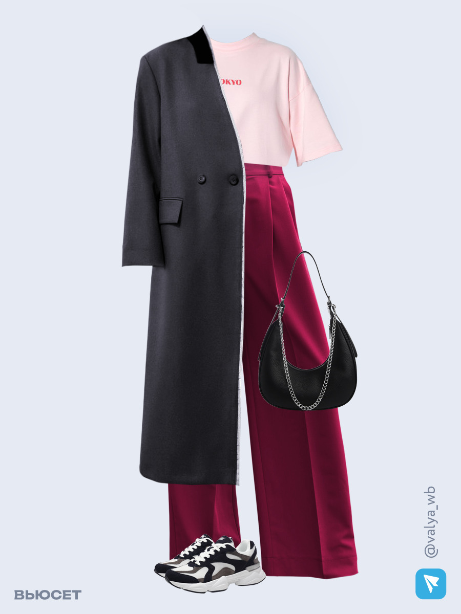 Образ с Вайлдберриз с артикулами (жакет, футболка, брюки, сумка, кроссовки)