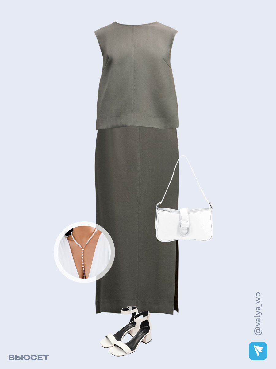 Образ с Вайлдберриз с артикулами (блуза, юбка, сумка, босоножки, ожерелье)