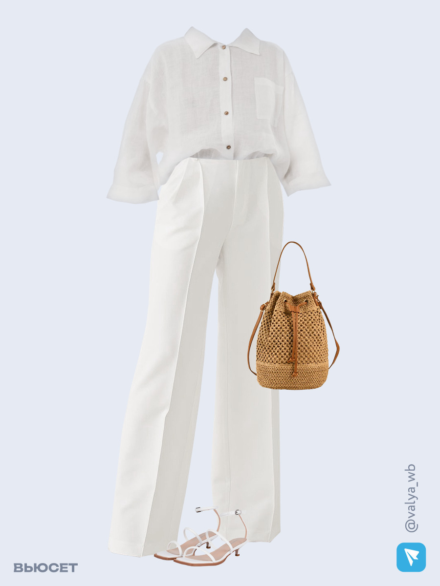 Образ с Вайлдберриз с артикулами (рубашка, брюки, сумка, босоножки)